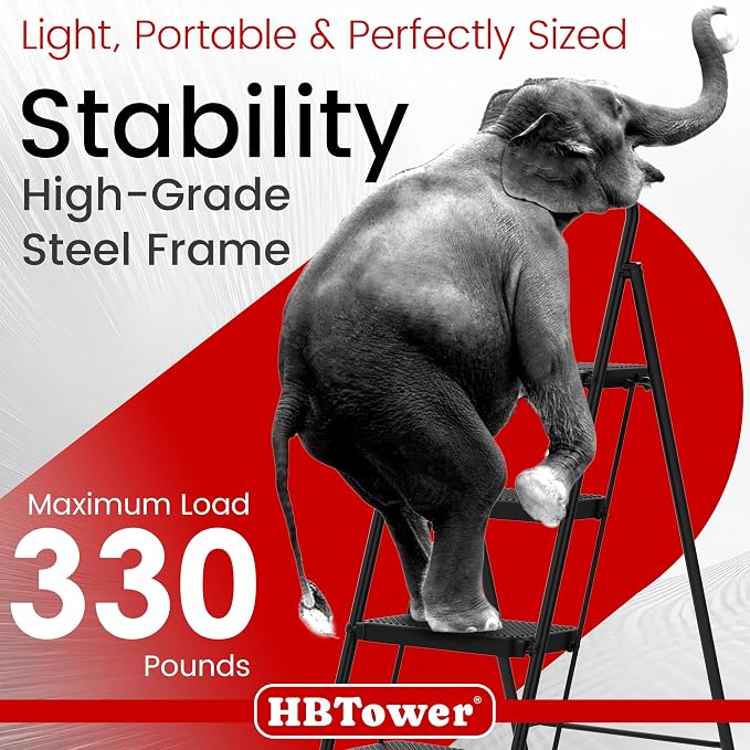 HBTower Step Ladder, 4 Step Ladder Folding Step Stool with Wide Anti-Slip Pedal, Lightweight Ladders for Home, Black
