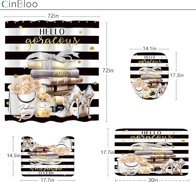 4Pcs Black Yellow Shower Curtain Set, Fashion Flower Perfume Women Girl Girly Modern Bathroom Curtain with Rug, Toilet Lid Cover, Bath Mat, High Heels Magazine Shower Curtain with 12 Hooks