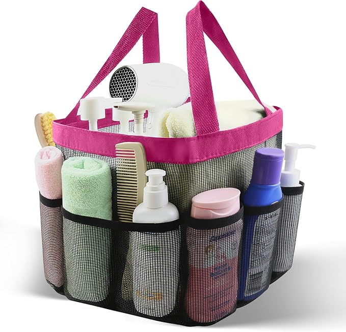 Mesh Shower Caddy Portable, Shower Tote Bag for Dorm Room Essentials, 8 Pockets Large Shower Basket for College Gym Beach Camping (1, Rose Red)