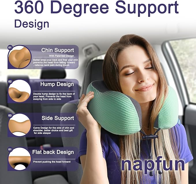 napfun Neck Pillow for Traveling, Upgraded Travel Neck Pillow for Airplane 100% Pure Memory Foam Travel Pillow for Flight Headrest Sleep, Portable Plane Accessories, Turquoise
