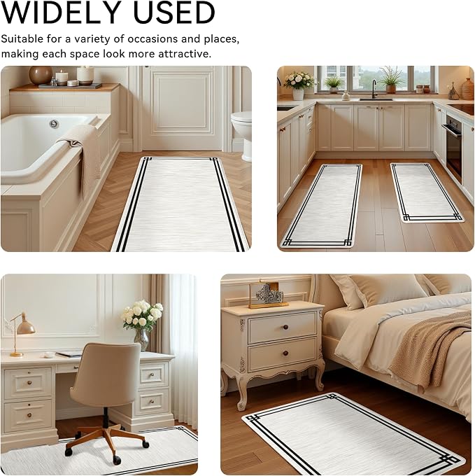 Cream Retro Elegance Frame Textured Kitchen Rug Sets [2 PCs], Anti-Fatigue, Waterproof Non-Slip Kitchen Mats Heavy Duty Comfort Foam Rug for Kitchen, Floor, Laundry,17"x29"+17"x47"