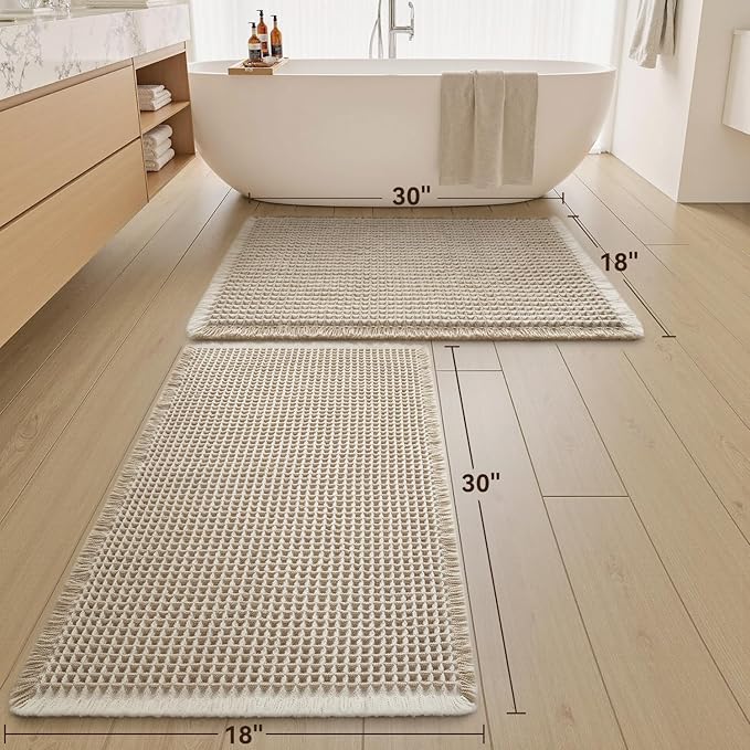 Upgraded Waffle Bath Mats Set of 2, Super Absorbent Non Slip Bath Mats for Bathroom Floor, Washable Boho Bathroom Rugs Set 2 Piece with Tassels, Soft Bathroom Mat Set, 18" x 30" (2 Pack), Brown Cream