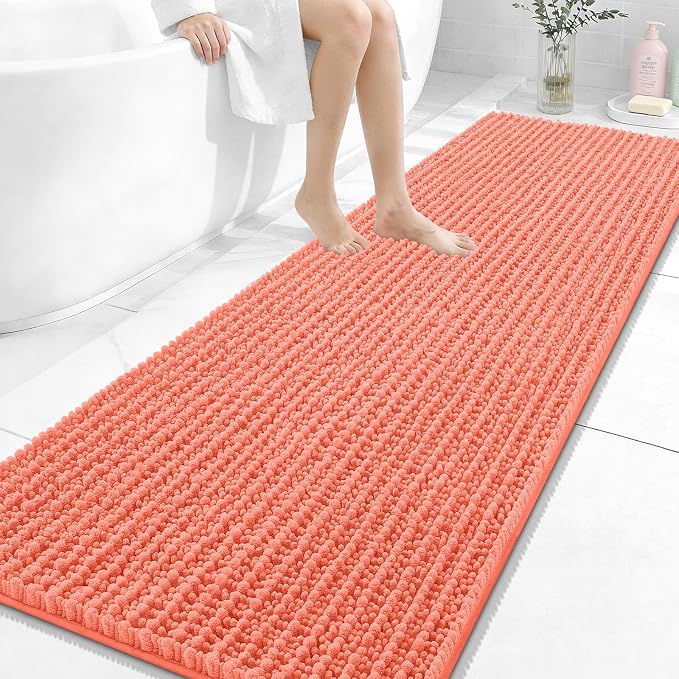 OLANLY Long Bathroom Rugs Runner 70x24, Thick Soft and Absorbent Chenille Bath Mat, Non-Slip, Machine Washable Quick Dry Bath Rugs for Tub Shower Floor, Home Decor Accessories, Coral
