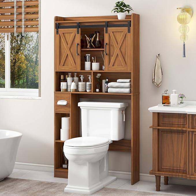 Vabches Over The Toilet Storage Cabinet, Farmhouse Storage Cabinet Over Toilet with Sliding Doors，Home Space-Saving Toilet Rack, for Restroom, Bathroom, Laundry,Caramel