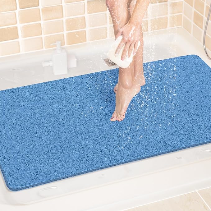 LuxStep Shower Mat Bathtub Mat,40x24 inch, Non-Slip Bath Mat with Drain, Quick Drying PVC Loofah Bathmat for Tub,Shower,Bathroom,Lake Blue