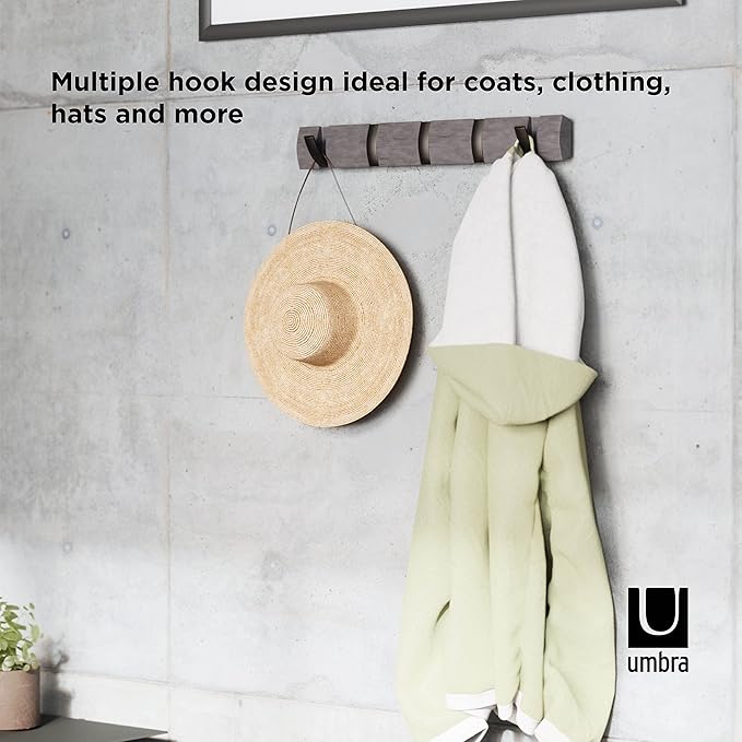 Umbra Flip Wall-Mounted Coat Rack with 5 Hooks – Modern, Space-Saving Storage for Hats, Jackets, Bags, Entryway, Mudroom, Closet, Bathroom, Bedroom – Driftwood/Nickel