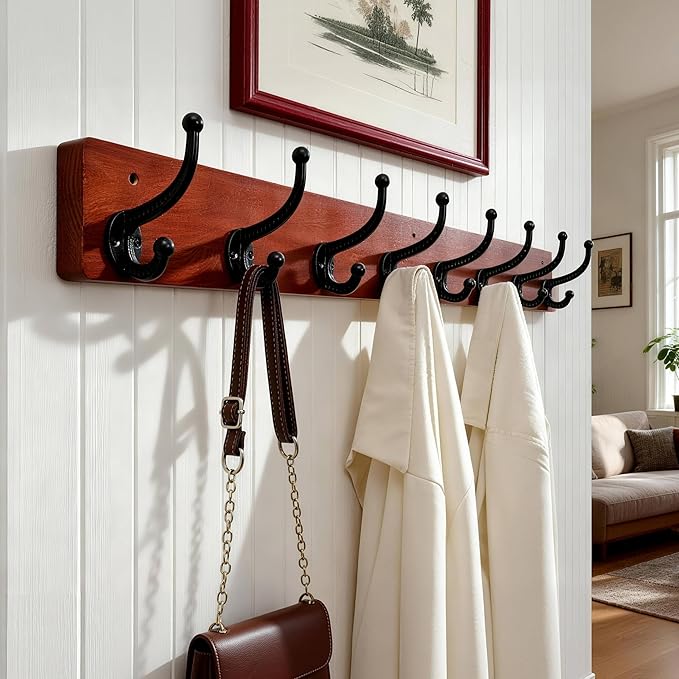 WEBI Rustic Coat Rack Wall Mount,35.43" Long 8 Cast Iron Coat Hooks Wall Mounted,Heavy Duty Wood Wall Coat Hanger Hooks for Hanging Coats,Jacket,Clothes,Backpack,Farmhouse,Cherry
