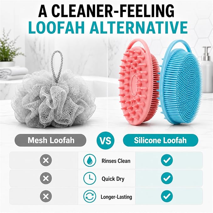 2 Pack Silicone Body Scrubber, Loofah Double-Sided Body Brush,Shower Scrubber and Scalp Massager Shampoo Brush for Sensitive Kids Women Men All Kinds of Skin (Pink & Blue)