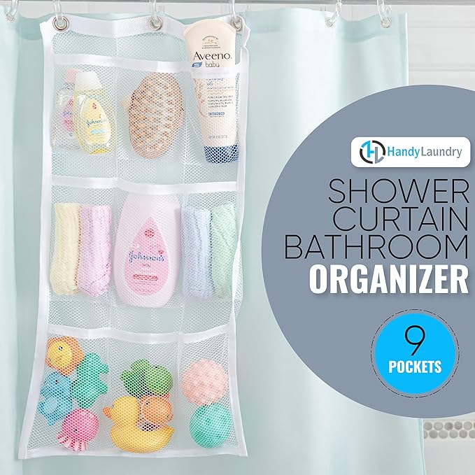 Handy Laundry Shower Curtain Bathroom Organizer -9 Pockets- Perfect for Organizing Home Bath, Your Toiletries and kid's Toys in Nine Durable Deep Mesh Pockets. Hang on Existing Shower Curtain Rings.