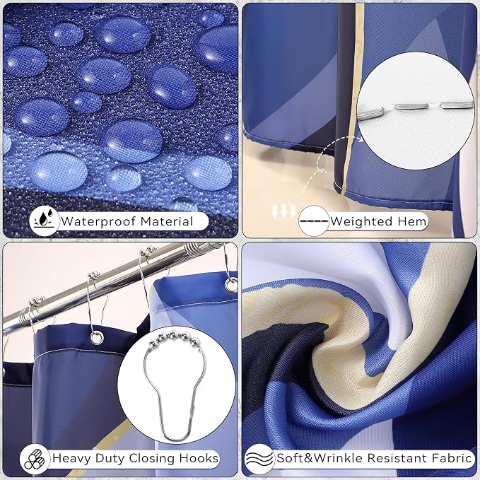 XLHOMO Bathroom Set - Blue and Gold Bathroom Accessories, Bathroom Sets with Shower Curtain and Rugs, Navy Blue Shower Curtain Set with Bathroom Trash Can, Soap Dispenser, Soap Dish for Home Decor