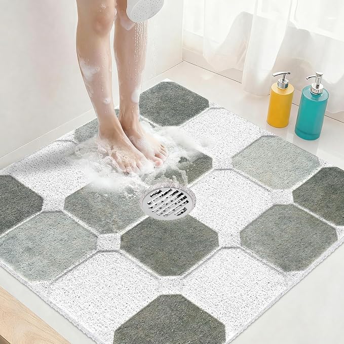 Square Shower Mat Non Slip: 24x24 Inch Extra Large Shower Mats for Inside Shower, Non Slip Shower Mat with Drain Hole in Middle- Anti Slip Shower Floor Mat, Loofah Shower Stall Mats for Elderly
