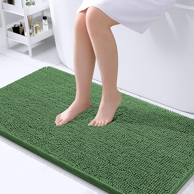 OLANLY Bathroom Runner Rugs 44x24, Soft Absorbent Chenille Bath Rugs, Rubber Backing Quick Dry, Machine Washable Long Bath Mats for Bathroom Floor, Tub and Shower, Home Decor Accessories, Olive Green