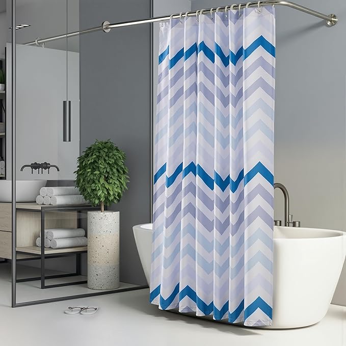 Amazon Basics Bathroom Shower Curtain, Water Resistant Fabric with Weighted Hem, Grommets & Hooks, Machine Washable, 72"x72", Blue Ombre Chevron