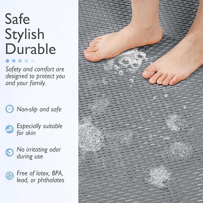 Extra Large Non-Slip Shower Mat, Fast-Dry PVC Bath Stall & Tub Mat, Drain-Hole Design,for Shower Stall Tub for Elderly/Kids，Non Slip Bathroom Safety Accessory，Gray 21"x21"