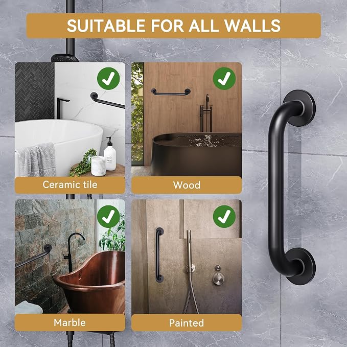 AmazerBath Shower Grab Bars for Seniors Anti Slip, Bath Safety Grab Bar for Needy, Stainless Steel Bathroom Safety Grab Bars, Thickened Bar Bigger Base Holds 500LBS, 12" L x 1" D, Black