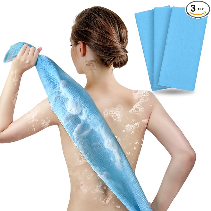 ARCH&M Exfoliating Washcloth & Shower Towel, Blue, 3 Pack | Japanese Washcloth, Textured Nylon, Deep Exfoliation, Improved Circulation, Daily Use, Glowing Silky-Smooth Skin
