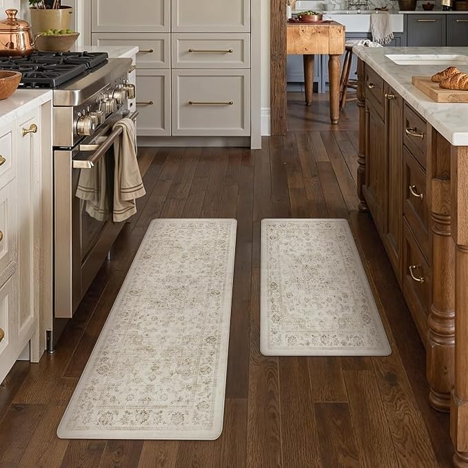 Anti Fatigue Kitchen Mats 2PCS Beige Neutral Mats for Cushioned Vintage Kitchen Matss for Floor Non-Slip Waterproof Comfort Standing Rug for Sink Laundry Office 17.3"×47"+17.3"×30"