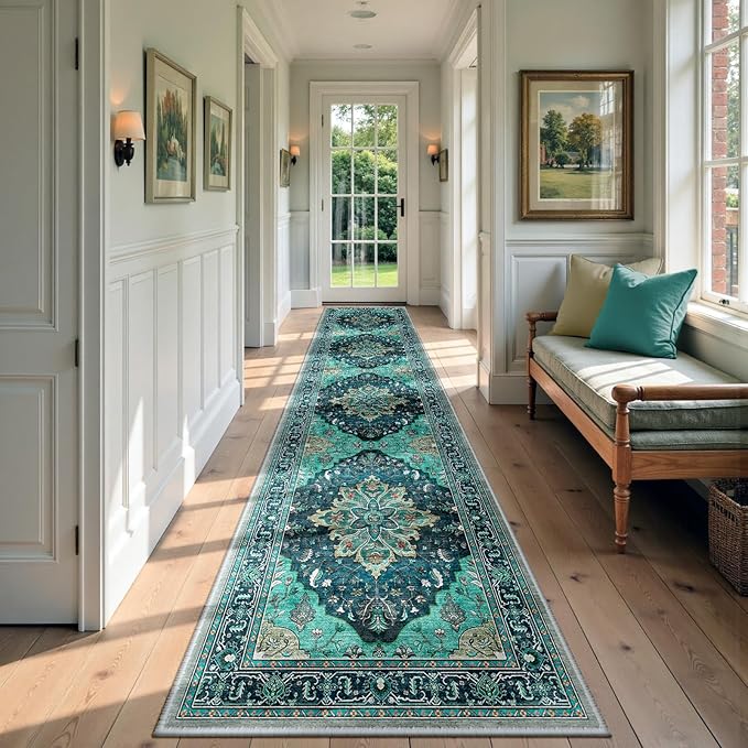 RELEANY Area Rugs Runner 2'x9' Washable Non-Slip, Floral Vintage Distress Medallion Carpet for Kitchen Hallway Bedroom Beside Laundry Room Bathroom, Teal Green Lake Blue Turquoise