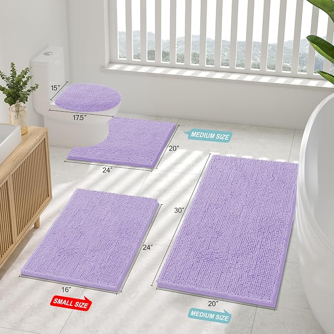Smiry Luxury Chenille Bathroom Rugs 44x24, Extra Soft and Absorbent Shaggy Bath Mat, Machine Washable, Non-Slip Plush Carpet Runner for Tub, Shower, and Floor, Home Decor Accessories, Purple