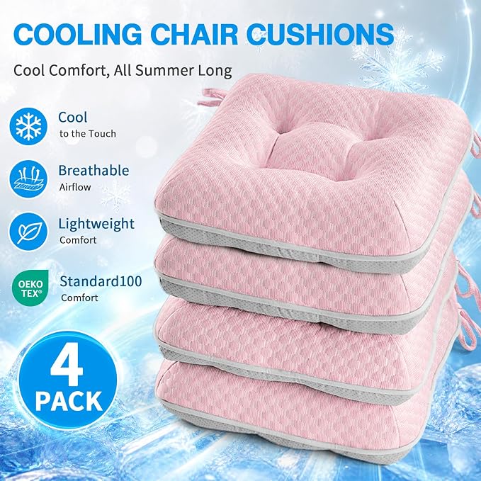 BETU Chair Cushions for Dining Chairs Set of 4,Seat Cushion Kitchen Table Chair Pads with Ties,Non Slip Backing and Covers, Seat Cushions for Dining Room,Bar,Patio Chairs,15.5"X15.5"X3.5",Pink