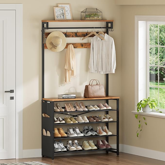 HOOBRO Hall Tree with Bench, Entryway Coat Rack with Shoe Rack, 39.4" Shoe and Coat Rack, 5 Tier Shoe Storage Organizer with Oxford Fabric Side Pockets, Adjustable Mesh Shelves, Rustic Brown BF76MT01