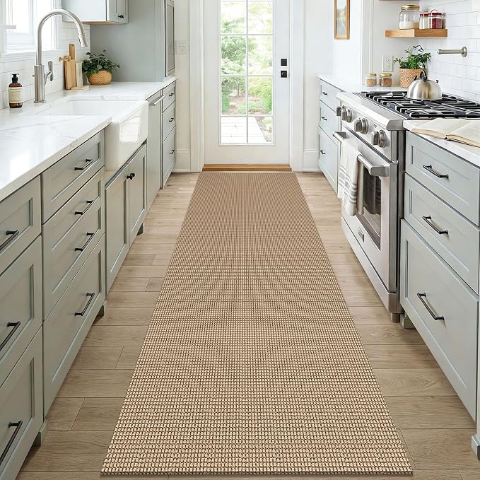 KOZYFLY 3x7 Washable Kitchen Runner Rug, Non Slip Wide Runners for Hallway, Cotton Entryway Runner, Braided Floor Carpet for Entry, Kitchen, Bedside, Hall, Orange Beige/Tan/Brown