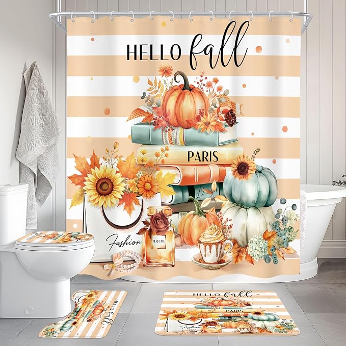 4Pcs Fall Autumn Shower Curtain Set, Pumpkin Sunflower Maple Leaf Bathroom Curtain with Rug, Toilet Lid Cover, Bath Mat, Burnt Orange Brown High Heels Books Shower Curtain with 12 Hooks