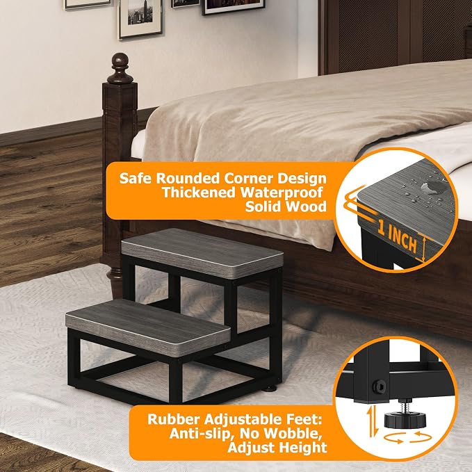 2 Step Wooden Step Stools for Adults Kids, Heavy Duty Stepping Stools Wooden Bed Step Stools for High Beds, Non-Slip 2 Bedside Foot Stool with 500 Lbs Capacity, Kitchen, Bed, RVS Step, Gray
