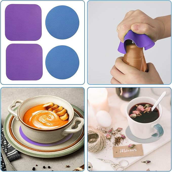 LUTER 4pcs Jar Opener, Rubber, Multi-function Silicone Bottle Opener for Seniors with Weak Hands Lid Cap Gripper Pads Kitchen Coasters Gadgets(blue round +purple square)