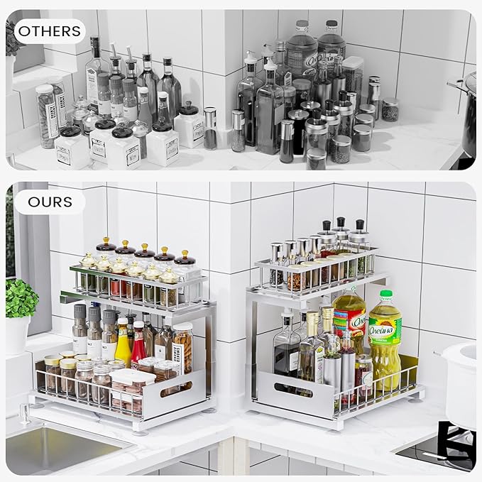 Under Sink Organizer, Heavy Duty Metal Pull Out Cabinet Organizer Slide Out Sink Shelf Organizer Height Adjustable, Multi-Purpose Storage Shelf for Kitchen Bathroom(Sliver,2Pack)