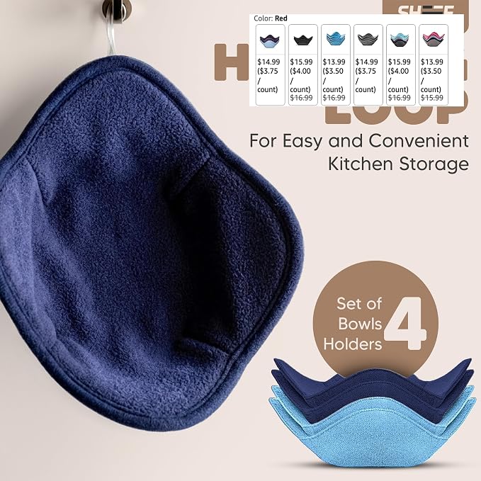 Sheff Microwave Bowl Cozy Holders Set of 4 - Durable and Reliable for Hot and Cold Plates and Dishes - Ideal Household Gift (2 Navy & 2 Blue)