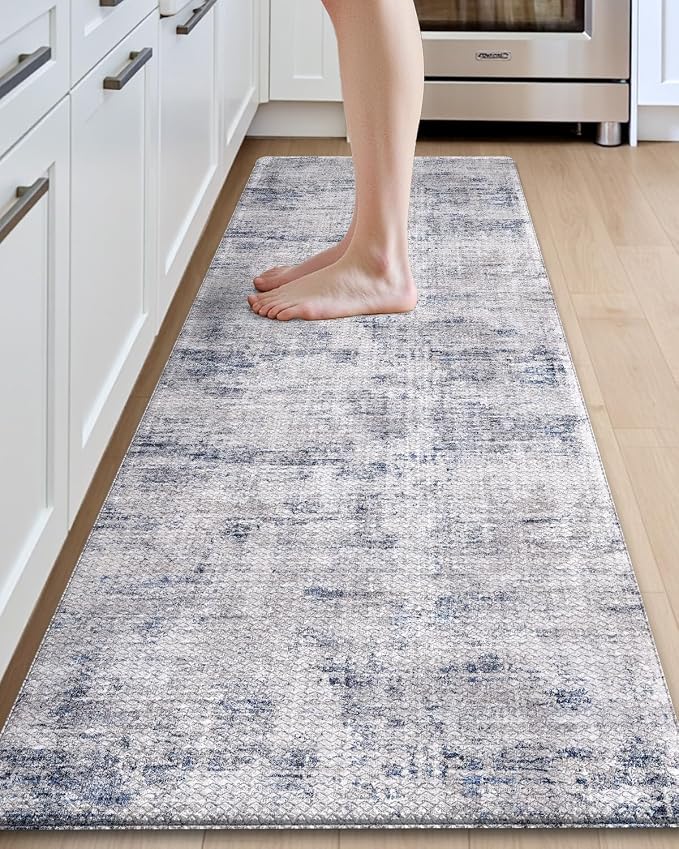 DEXI Kitchen Mats Cushioned Anti Fatigue, 23x86 Floor Padded Runner Rug Non Slip, Waterproof Standing Comfort Memory Foam for Front Sink Laundry, Blue