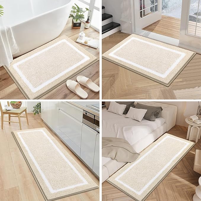 Pauwer Bathroom Rugs Sets 3 Piece Bathroom Shower Rugs with U-Shaped Contour Toilet Mat Absorbent Microfiber Plush Bath Mats Non Slip Bath Rugs Machine Washable Shaggy Bath Floor Mats, Light Beige