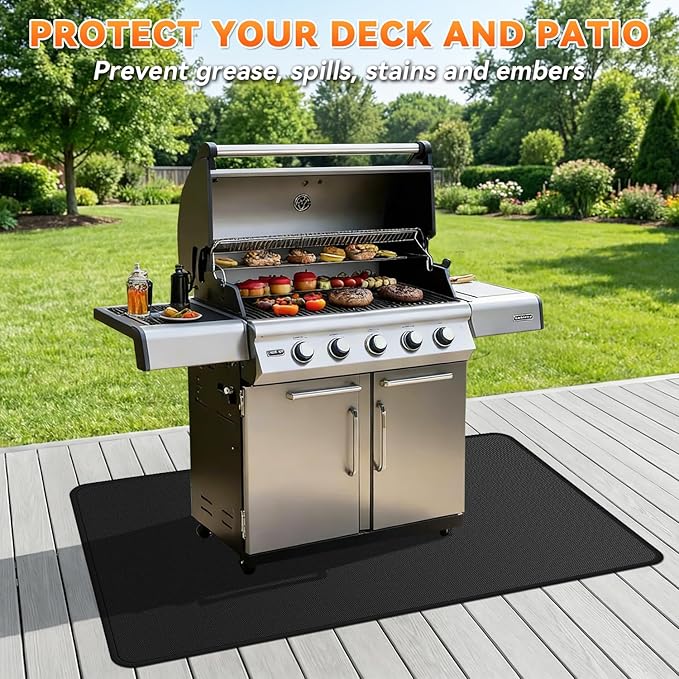 Under Grill Mats for Outdoor Grill - 48 x 30 Inch BBQ Mats for Outdoor Grill Deck Protector, Double-Sided Fireproof Oil-Proof Waterproof, Easy to Clean, Perfect for Outdoor Grilling