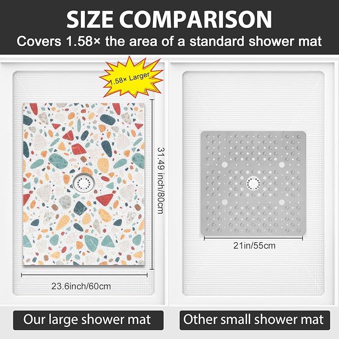 Non Slip Shower Mat: 32x24 Inch Extra Large Shower Mats for Inside Shower with Drain Hole in Middle - Soft PVC Loofah Anti Slip Shower Floor Mat for Standing and Walk-in Shower, Quick Drying