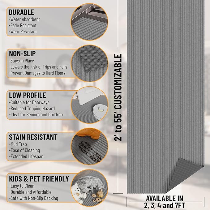 Ottomanson 3'11" x 4' Mud Mat Entryway Rug Scraper Doormat - Non-Slip, Dirt Trapping for Indoor & Outdoor Use - Perfect for Kitchen, Garage, Patio & High-Traffic Areas, Gray