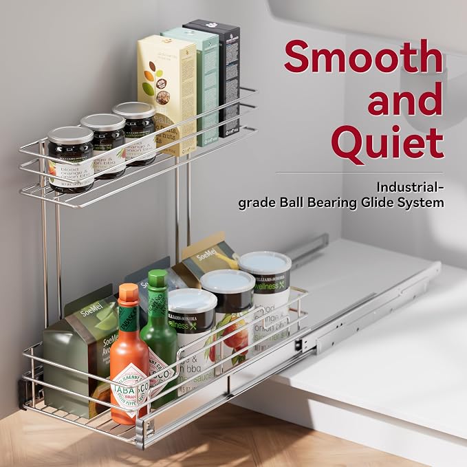Under Sink Organizer 9" W X17 D, Pull Out Cabinet Organizer 2 Tier, Under Sink Slide Out Chrome Plated, Under Kitchen Bathroom Organizer, Pantry Cabinet Closet Organization Rack, 1 Pack