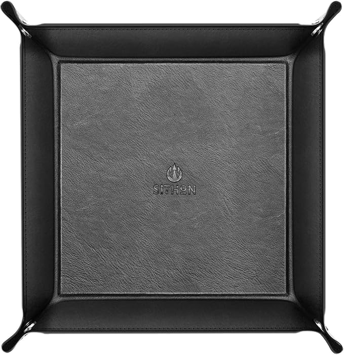 SITHON Valet Tray Desktop Storage Organizer - Multi-Use PU Leather Catchall Tray Bedside Nightstand Caddy Dice Holder for Keys, Phone, Wallet, Coin, Jewelry, Traveling and More, Black