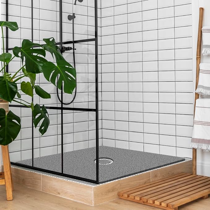 Shower Mat Non Slip,32 x 32 Inch Extra Large Square Shower Mat with Drain Hole in Middle,Soft Loofah Bath Mat Shower Stall Bathtub Mat for Inside Shower Bathroom,Without Suction Cups (Grey)