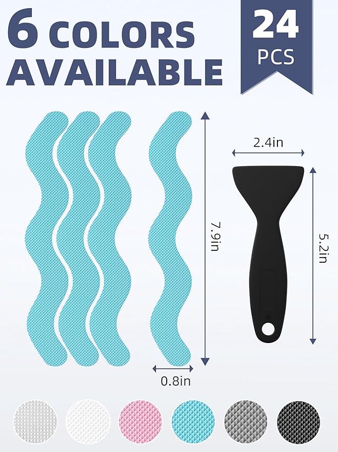 Secopad Patented Anti Slip Shower Stickers, 24PCS Adhesive Decals Safety Strips with Scraper for Bath Tub, Shower Floor, Stairs, Blue, 0.8"*8"
