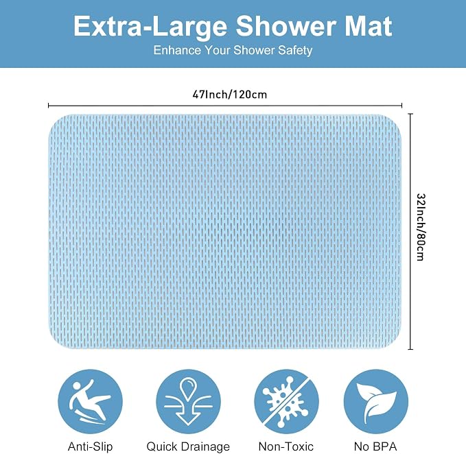 Extra Large Shower Mat: 47"x32" Non Slip Shower Mats for Inside Shower, PVC Anti Slip Shower Stall Mats No Odor, Trimmable Walk in Shower Mats for Elderly Kids