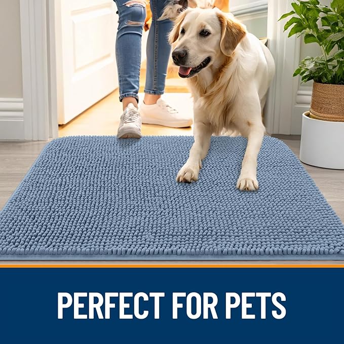 OLANLY Dog Door Mat for Muddy Paws 50x30, Absorbs Moisture and Dirt, Absorbent Non-Slip Washable Doormat, Quick Dry Chenille Mud Mat for Dogs, Entry Indoor Entryway Carpet for Inside Floor, Airy Blue