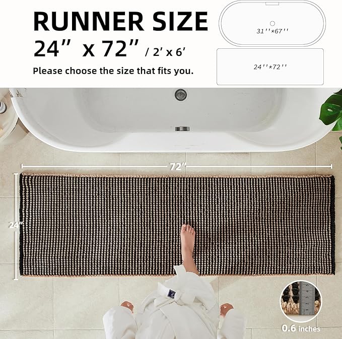 TYUU Waffle Runner Rug Bathroom, Long Boho Bathroom Rugs Non Slip Washable Super Absorbent Quick Dry Farmhouse Bath Decor, 72"x24" Khaki and Black