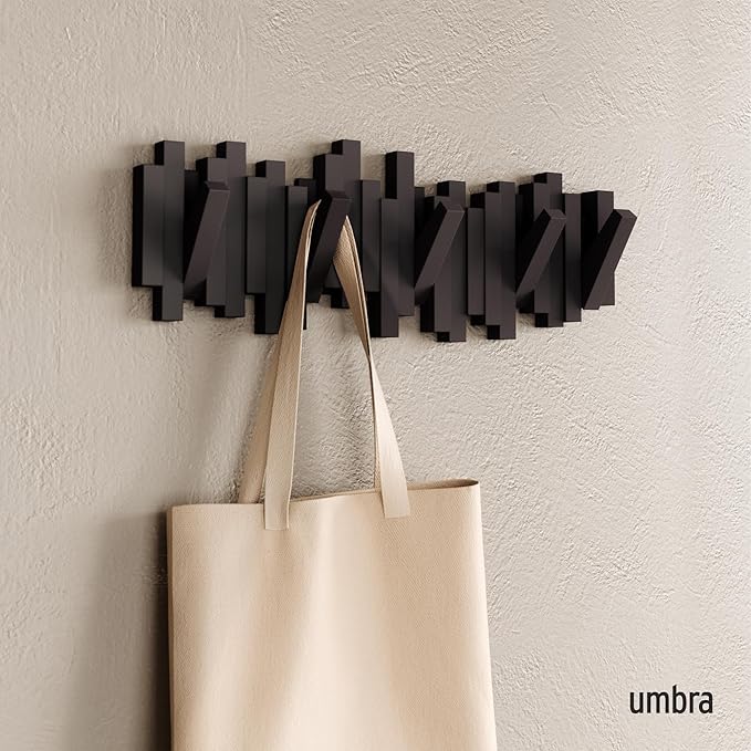 Umbra Sticks Wall-Mounted Coat Rack Rail Hook with 5 Retractable Pegs – Modern, Space-Saving Storage Organizer, Espresso