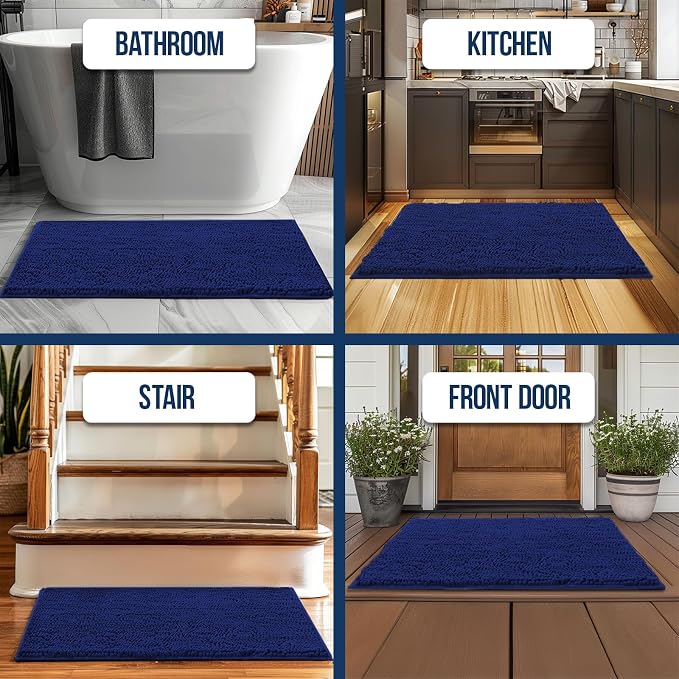 Muddy Mat® | Chenille Bathroom Rugs Quick Dry Microfiber Mats Non Slip Washable, Extra Thick, Soft and Highly Absorbent Bath Mats for Bathroom, Kitchen, and Shower Floor - Navy Blue 24"x35"