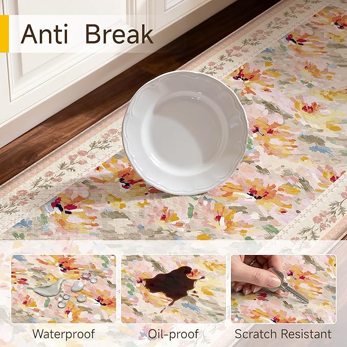Anti Fatigue Kitchen Mats 2PCS Thick Non Slip Cushioned Rugs Beige Abstract Floral Waterproof Comfort Standing Mats for Floor Sink Laundry Office 17.3"×59"+17.3"×30"