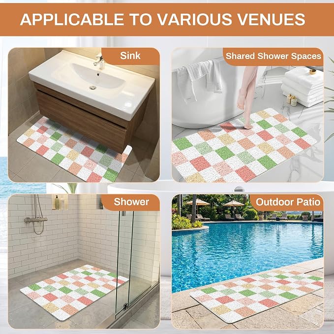 BLESWIN Loofah Mats for Shower 24"x16", PVC Bath Mat for Inside Shower, Bath Mat for Tub Non Slip, Checkered Shower Quick Dry Mats with Drain Hole, Colorful Checkered