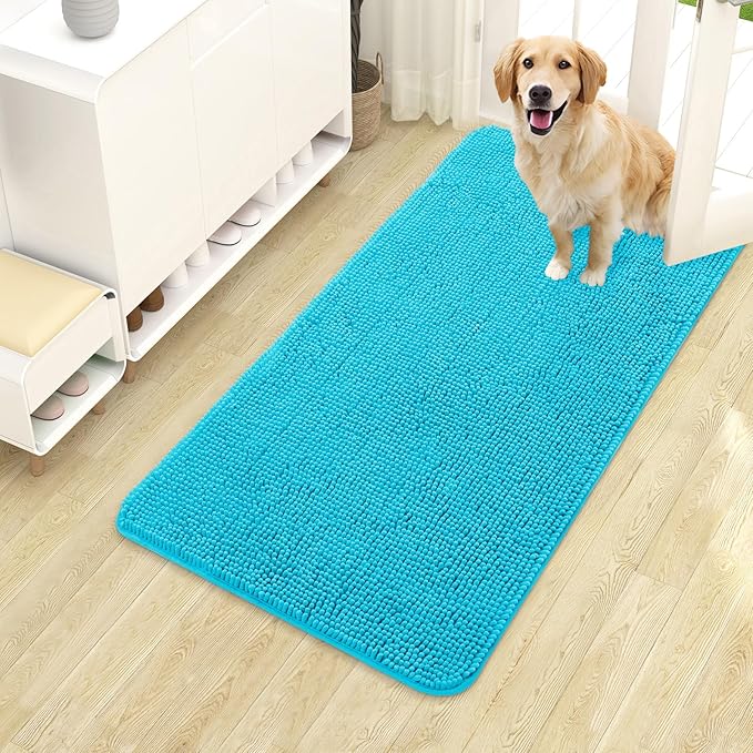 OLANLY Dog Door Mat for Muddy Paws 40x24, Absorbs Moisture and Dirt, Absorbent Non-Slip Washable Doormat, Quick Dry Chenille Mud Mat for Dogs, Entry Indoor Entryway Carpet for Inside Floor, Aqua Blue
