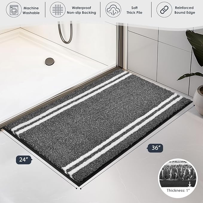 PURRUGS Bathroom Rug Non-Slip Machine Washable 24" x 36", Super Absorbent and Quick Dry Shaggy Microfiber Bath Mat, Extra Soft and Plush Bath Rug for Bathtub, Shower, and Sink, Charcoal