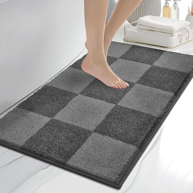 anllugs Bathroom Rugs 20" x 30", Non-Slip Extra Soft Absorbent Bath Rugs, Machine Washable Quick Dry Bath Mats for Bathroom Floor, Shower, Bathtub and Sink, Checkered Grey & Dark Grey